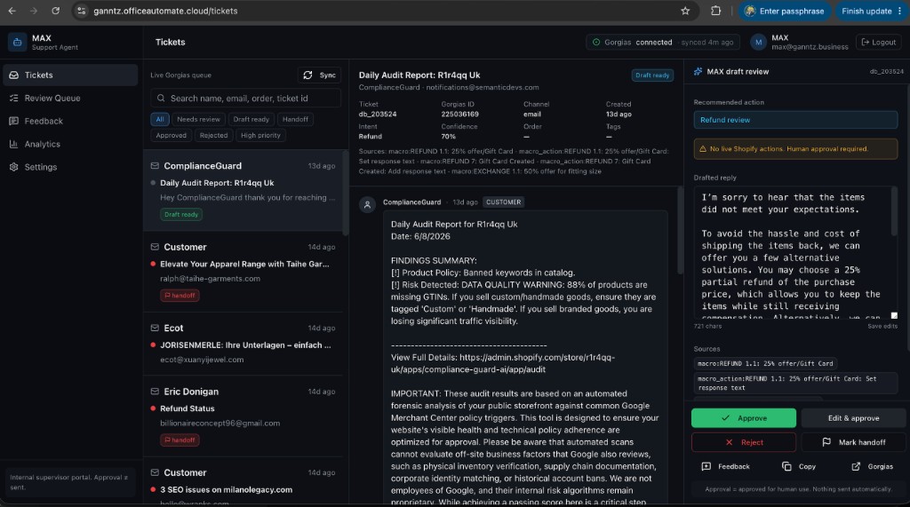 AI support agent dashboard with ticket queue, intent detection, and human approval workflow