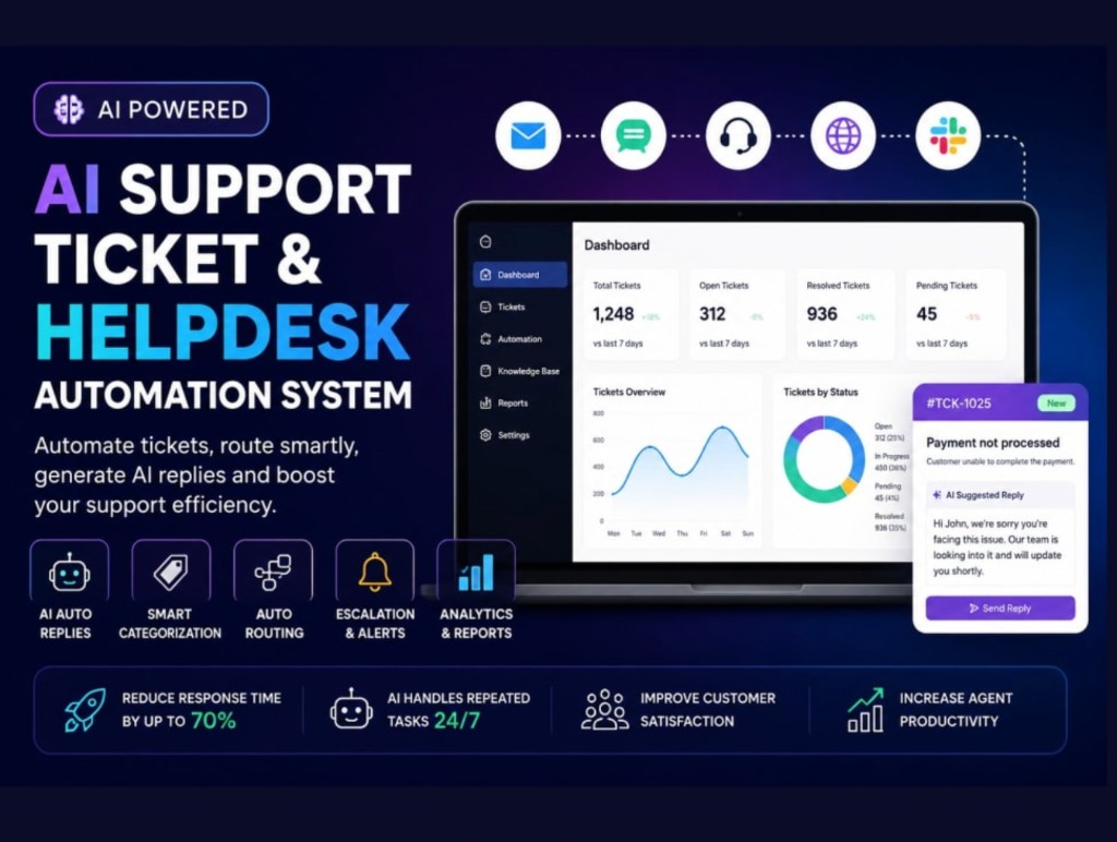 AI-powered support ticket and helpdesk automation system with multi-channel intake and analytics dashboard