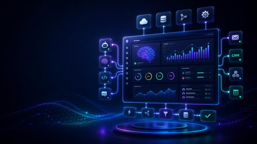 AI automation workflows, dashboards, cloud integrations, and analytics