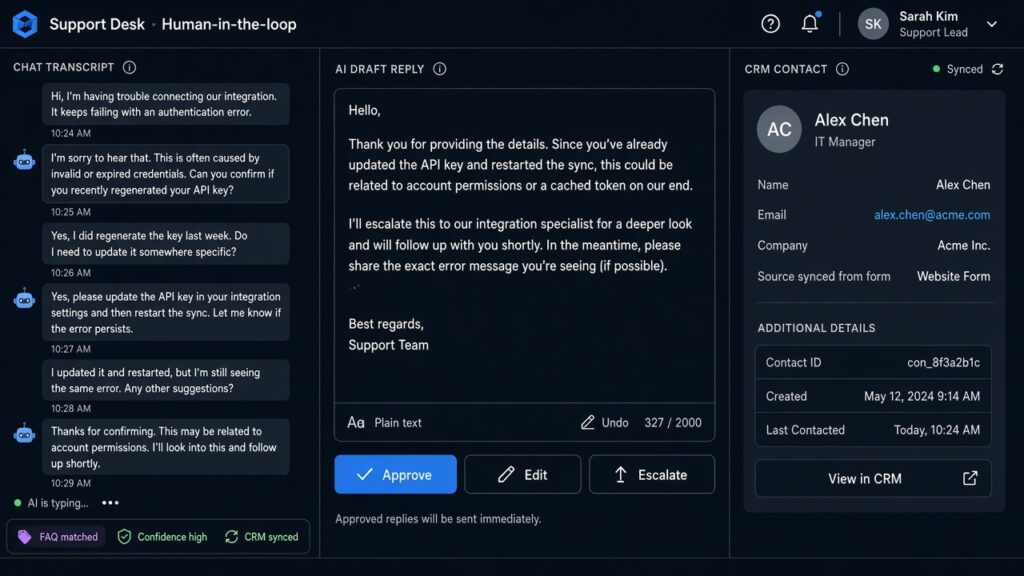 Dark-mode support desk UI with chat transcript, AI draft approval, and CRM contact card